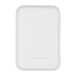 A white magnetic power bank with a sleek design and four indicator lights. It has a branding logo on the surface.