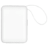 A white powerbank with a smooth surface and a loop strap, designed for charging devices on the go.