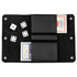 A black leather cover holding two decks of playing cards and four white dice.