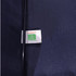 A navy blue vented tipless golf umbrella with a tag featuring a logo and recycling symbol.