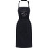 A black apron featuring a front pocket and a logo, made from 240 g/m² recycled material.