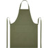 An olive green apron made from recycled fabric, featuring a front pocket and ties at the waist.
