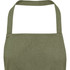 An olive green apron with a simple design and a logo at the top.
