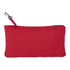 A red packable jacket neatly compressed into its own pouch, featuring a clip attachment and a logo.