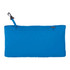 A blue packable jacket with a zippered pocket and a hook for easy carrying. It features a logo on the fabric.