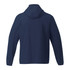 A navy blue men's packable rain jacket with a hood, featuring a logo on the back.