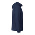 A navy packable rain jacket with a hood, featuring a side profile view and a logo on the fabric.