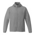 A grey packable rain jacket with a hood and zippered front, featuring side pockets and a logo.