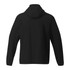 A black men's packable rain jacket featuring a hood and long sleeves. It includes a logo on the back.