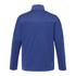 A blue men's softshell jacket featuring a high collar and long sleeves, with a logo on one side.