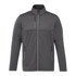 A men's softshell jacket in dark grey with a high collar and zippered pockets, featuring a logo on the chest.