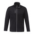 A black softshell jacket with a zip front, high collar, and two front zip pockets, featuring a logo.