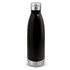 A drink bottle in black with a silver base and cap, featuring a logo on the body.