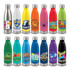 A drink bottle collection featuring various colours including stainless steel, bright yellow, orange, pink, blue, and green, each with unique designs.