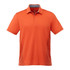 An orange short sleeve polo shirt with a collar and side panels, featuring a logo on the upper front.
