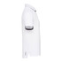 A white short sleeve polo shirt featuring a collar, contrasting detailing, and a logo on the side.