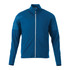 A blue performance jacket featuring a full zip and thumb holes, designed for comfort and style. It includes a logo.