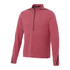 A red half-zip performance jacket with long sleeves and a black zipper, featuring a logo on the sleeve.