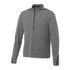 A grey half-zip jacket with long sleeves and a small collar, featuring a branding logo.