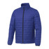 A blue insulated puffer jacket with a full zip and stand-up collar, featuring side pockets and a logo.