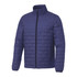 A navy puffer jacket with a standing collar, featuring a zip front and side pockets. It has a logo on it.