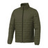 A lightweight packable insulated puffer jacket in olive green, featuring a front zipper and side pockets.