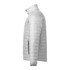 A lightweight, packable insulated puffer jacket in light grey, featuring a sleek design and a logo on the side.
