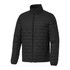 A lightweight, packable black insulated puffer jacket with a zip front and side pockets. It features a collar and a logo.