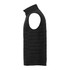 A black insulated puffer vest featuring a high collar and side zip pocket, with a logo on the front.