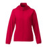 A red women's packable jacket featuring a zip front and hood. The jacket has a logo on it.