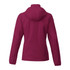 A maroon Women's TOBA Packable Jacket featuring a hood, designed for rain protection. The back view shows a simple silhouette.