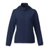 A packable women's rain jacket in navy blue, featuring a hood and a zippered front, with an understated logo.