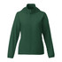 A women's packable rain jacket in a rich green colour with a hood and front zip. Features a logo on the jacket.