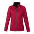 A red women's softshell jacket featuring a high collar and zippered pockets, with a logo on the front.