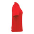 A red women's polo shirt featuring a classic collar and short sleeves, with a logo on the fabric.