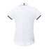 A white women's short sleeve performance polo shirt featuring black accents and a logo.