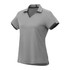 A grey women's performance polo shirt featuring short sleeves and a v-neck design. It has a logo on it.
