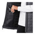 A black insulated puffer vest with an interior pocket for a phone or small items. Features a quilted design.