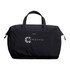A black duffel bag with short handles and a branding logo on the front.