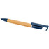 A bamboo pen with a blue cap and clip. The pen features a silver accent and a branded logo.