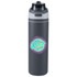 A drink bottle in grey with a flip straw and a logo on the side, made from recycled stainless steel.
