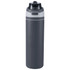 A drink bottle in dark grey with a flip straw lid and a branding logo. Made from recycled stainless steel.