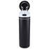 A drink bottle made of recycled stainless steel, featuring a black body and a white flip straw lid, with a logo.