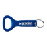 A drink bottle opener key ring in blue with a silver key ring and a logo on the handle.