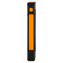 A solar power bank in black and orange, featuring a textured grip and a power button.