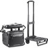 A black rolling cooler with a handle and wheels, featuring a detachable base for easy transport.