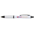 A black and white pen featuring a logo, with a sleek design for writing.