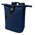 A navy blue roll-top backpack with a front zip pocket and adjustable straps. It features a logo on the side.