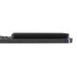 A slim black metal power bank positioned on a mobile device, featuring a sleek design and a logo.