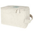 A cream toiletry organiser with a zip closure and a handle, featuring a logo on the front.